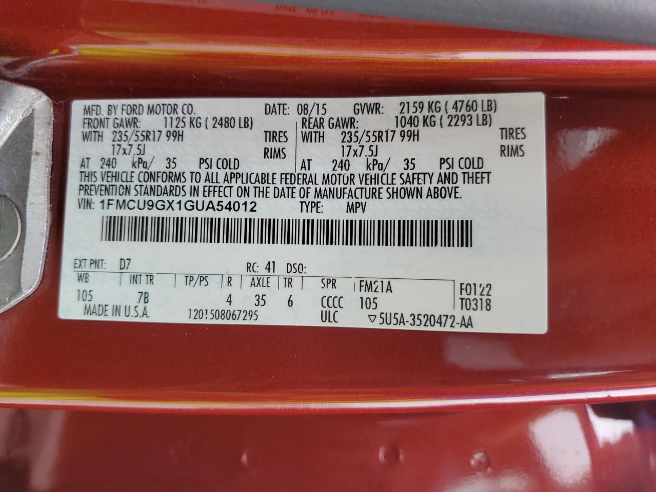 2016 Ford Escape Se VIN: 1FMCU9GX1GUA54012 Lot: 66442154