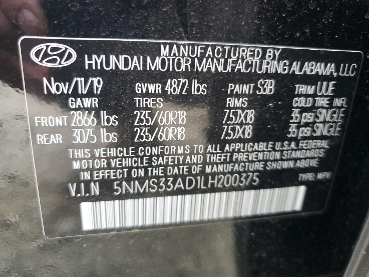 5NMS338D1LH200375 2020 Hyundai Santa Fe