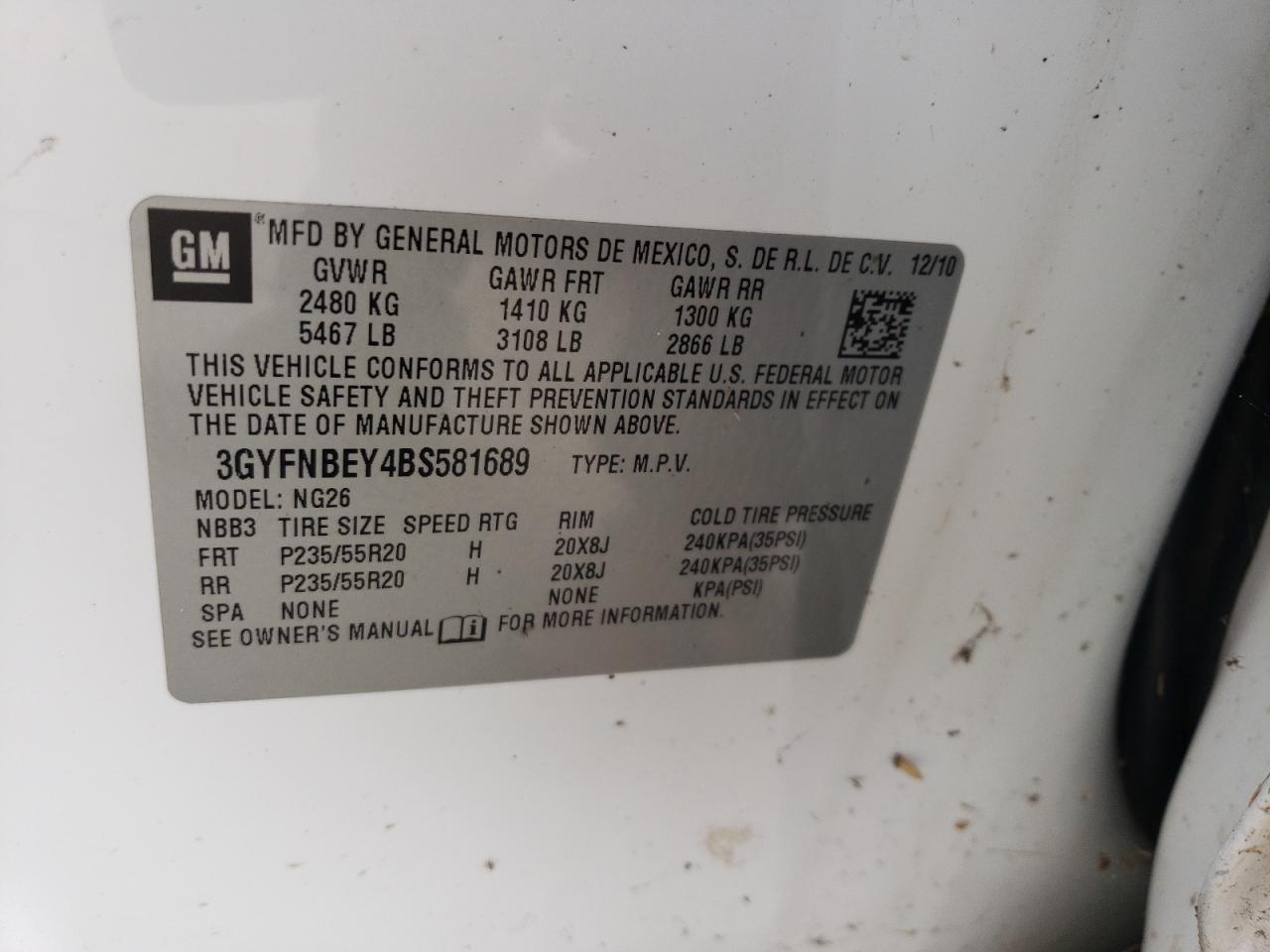 2011 Cadillac Srx Performance Collection VIN: 3GYFNBEY4BS581689 Lot: 68424154