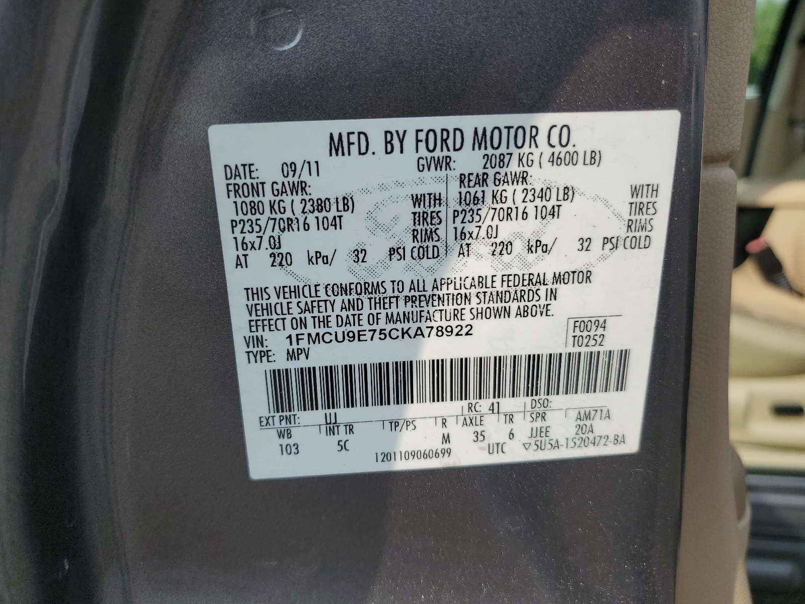 1FMCU9E75CKA78922 2012 Ford Escape Limited