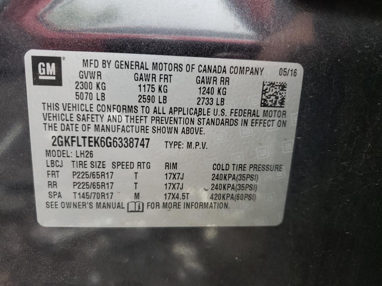 2GKFLTEK6G6338747 2016 GMC Terrain Sle