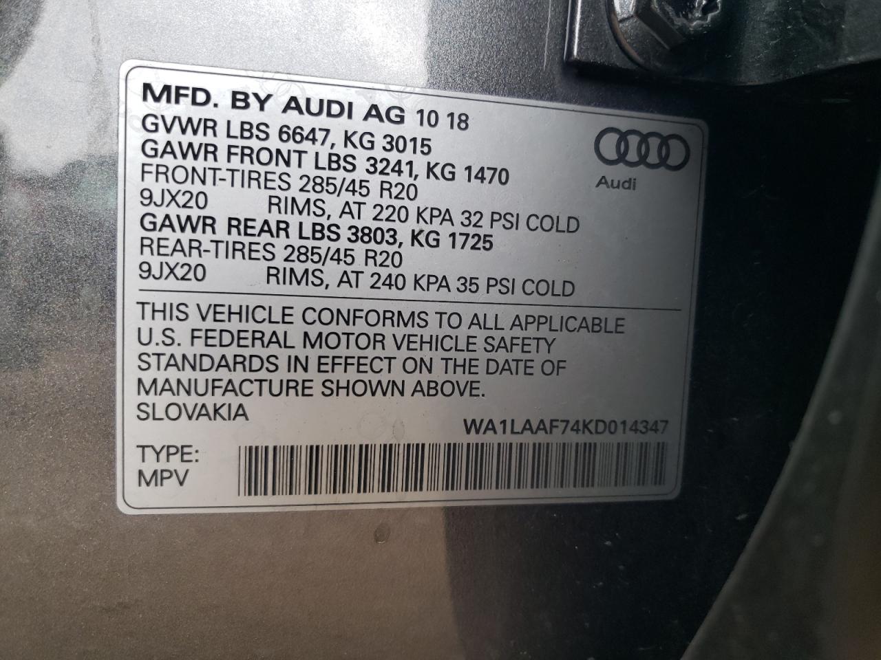 WA1LAAF74KD014347 2019 Audi Q7 Premium Plus