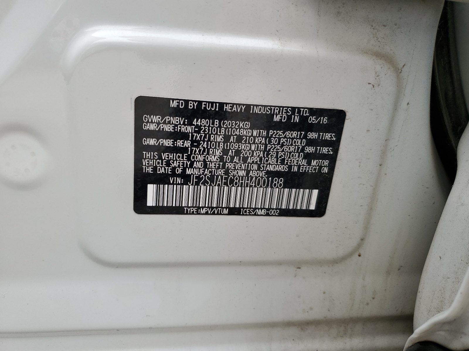 JF2SJAEC8HH400188 2017 Subaru Forester 2.5I Premium