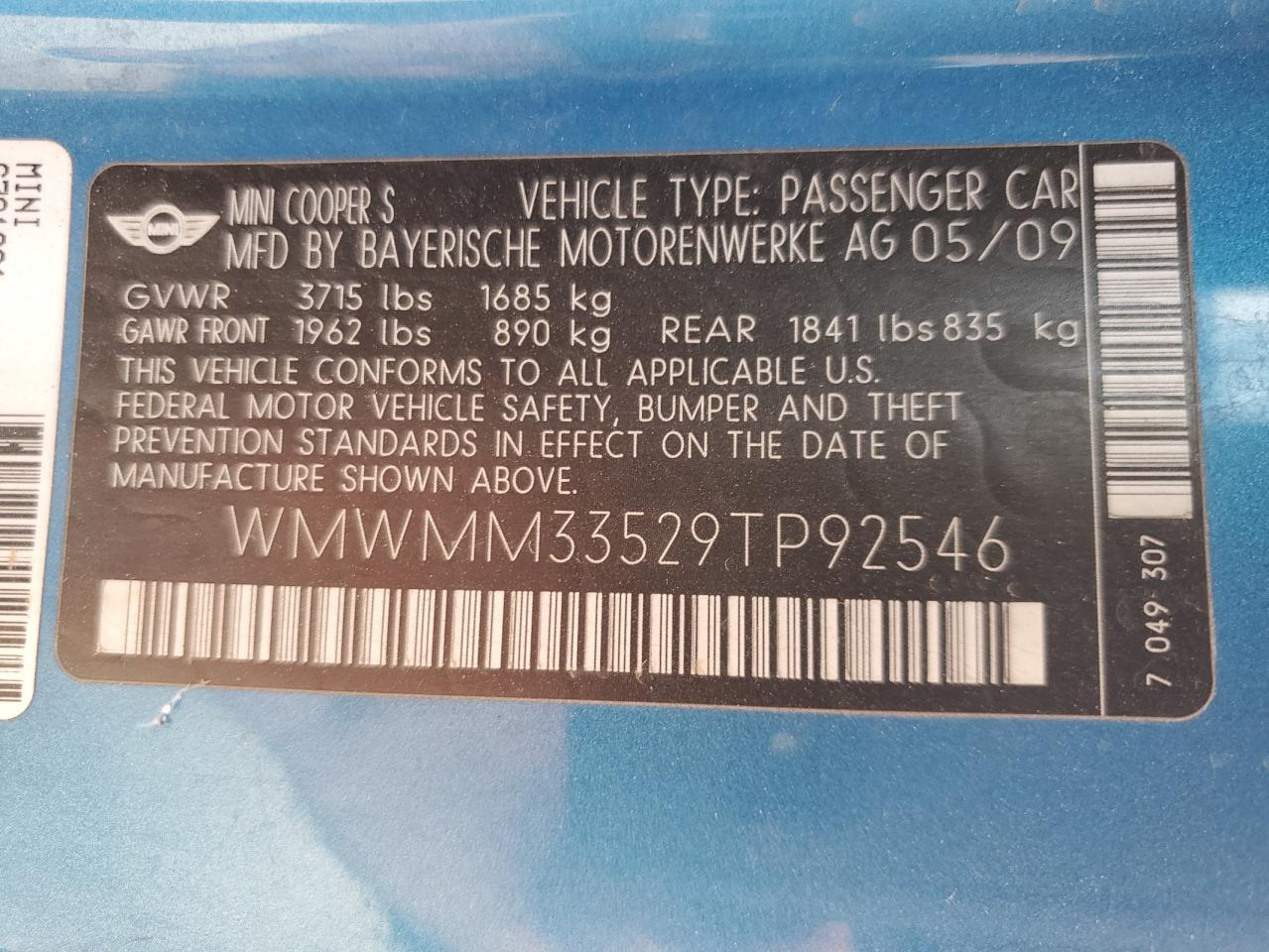 2009 Mini Cooper S Clubman VIN: WMWMM33529TP92546 Lot: 66616534