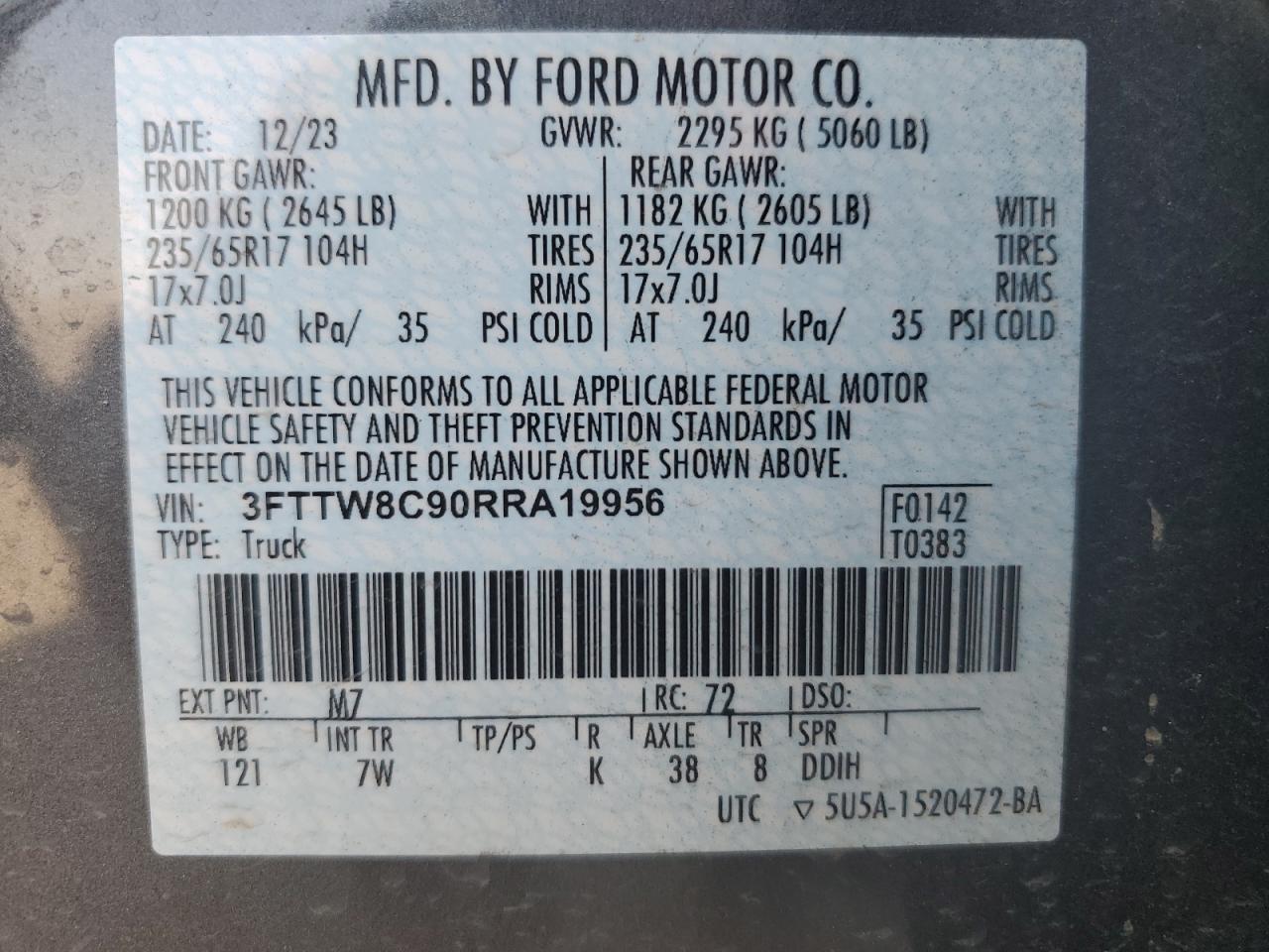 3FTTW8C90RRA19956 2024 Ford Maverick Xlt Tremor