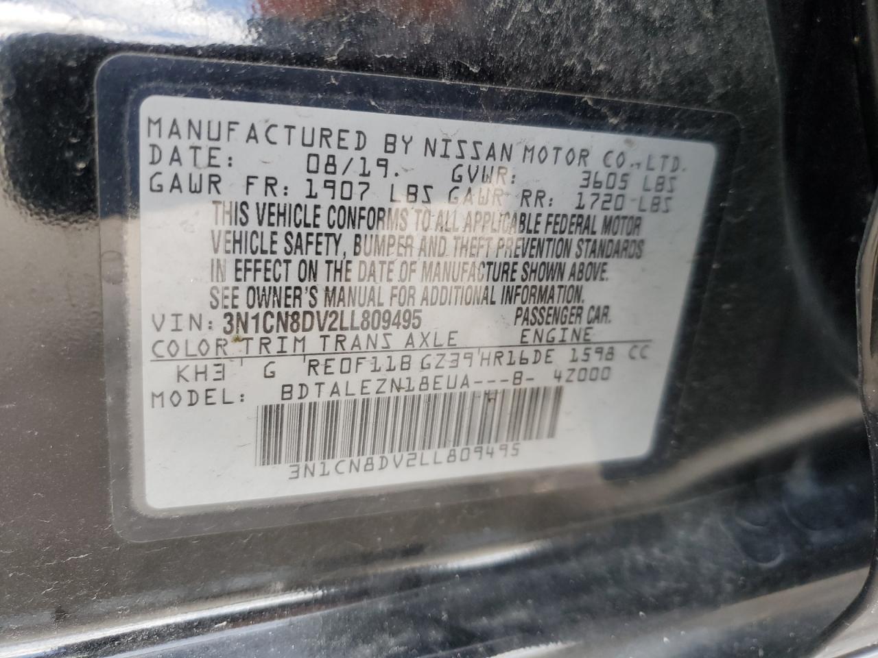 2020 Nissan Versa S VIN: 3N1CN8DV2LL809495 Lot: 68896974