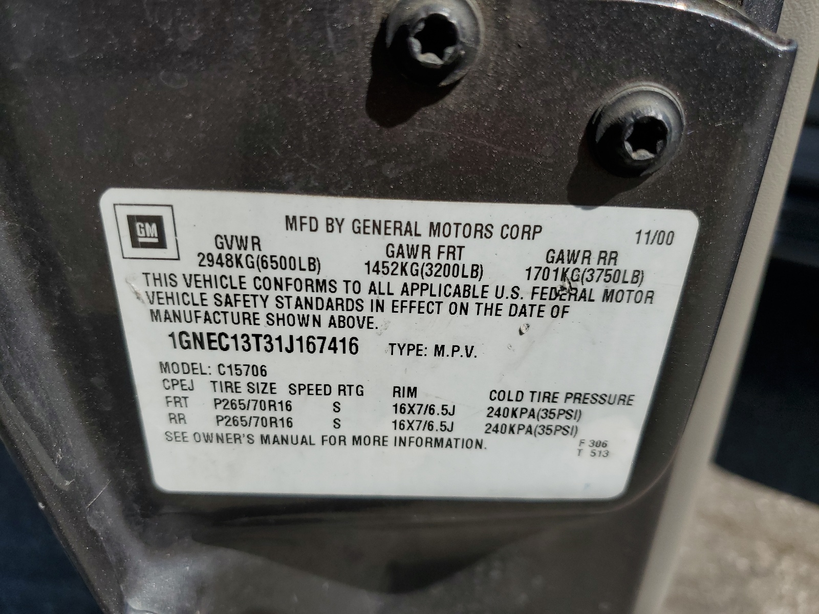 1GNEC13T31J167416 2001 Chevrolet Tahoe C1500