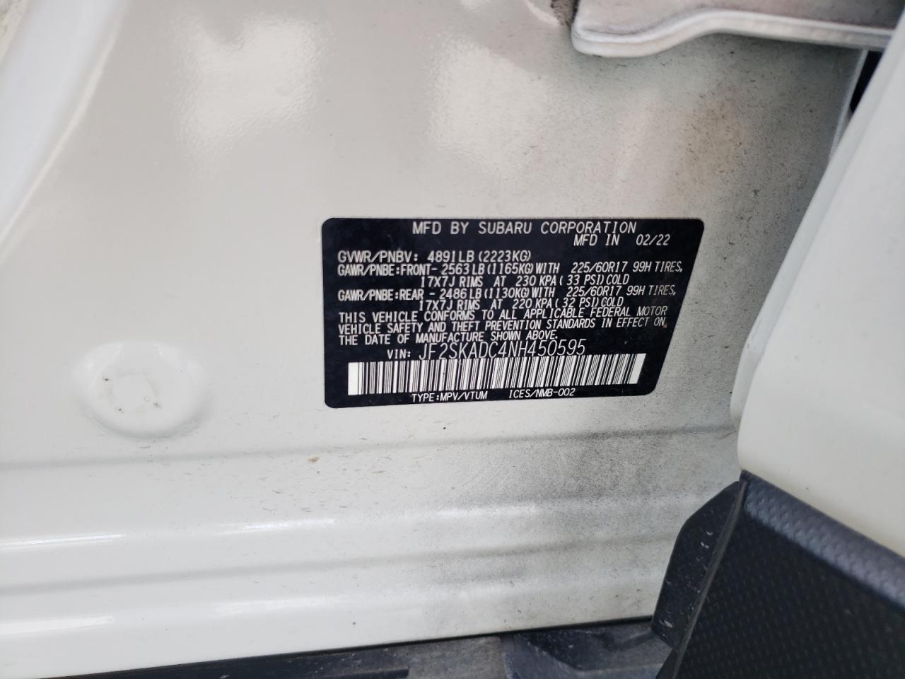 2022 Subaru Forester Premium VIN: JF2SKADC4NH450595 Lot: 65388894