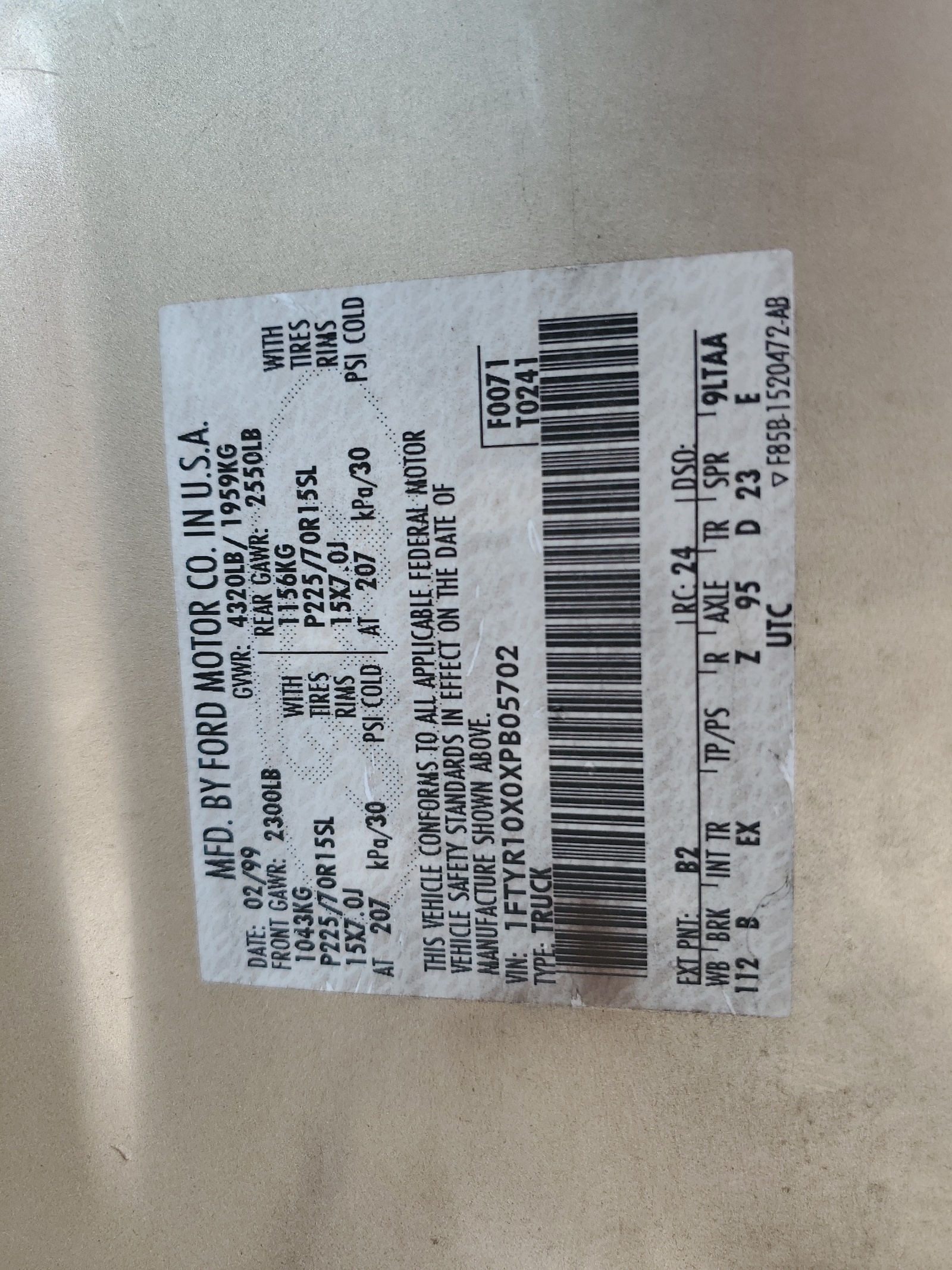 1FTYR10X0XPB05702 1999 Ford Ranger