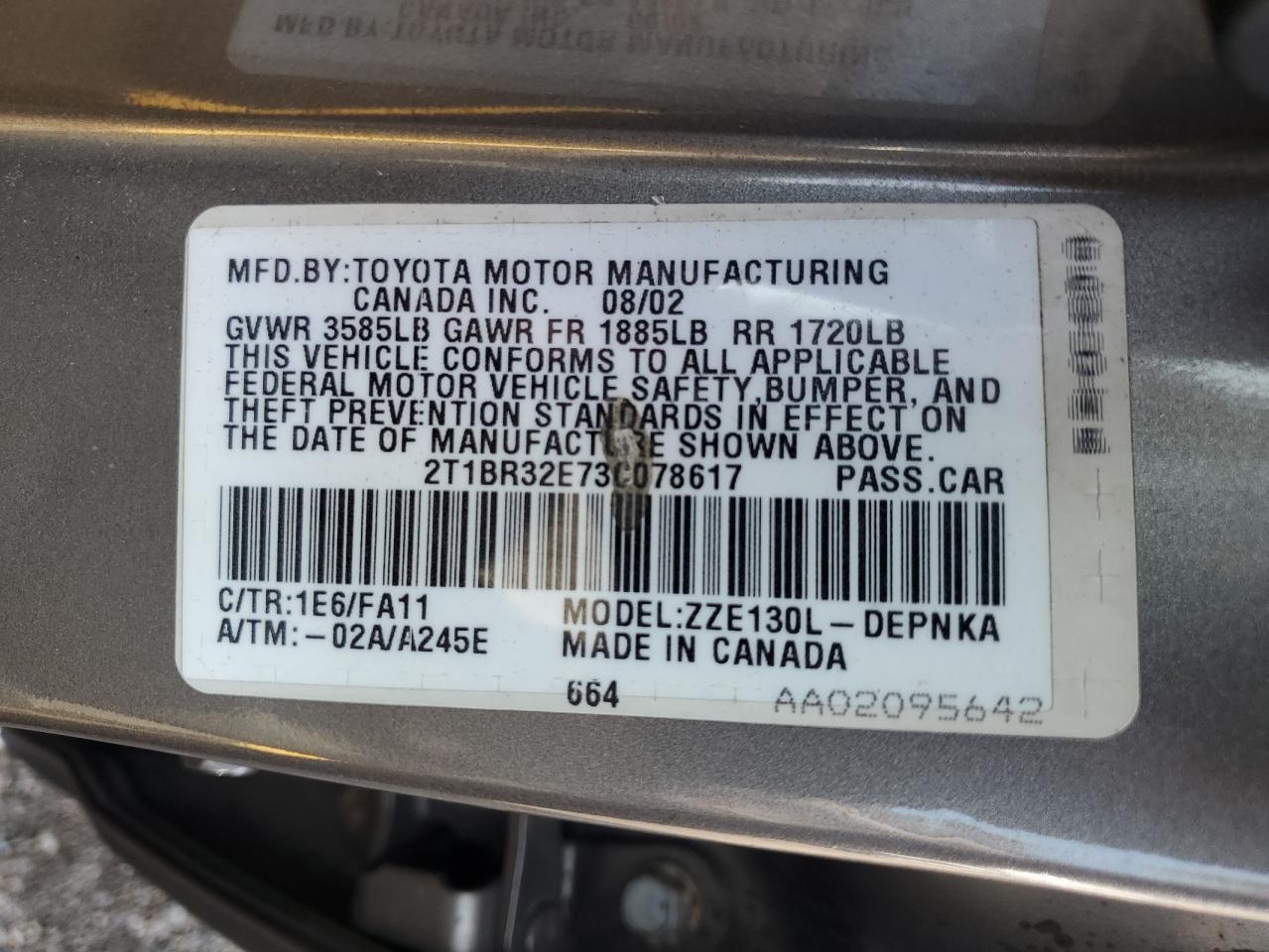 2003 Toyota Corolla Ce VIN: 2T1BR32E73C078617 Lot: 65063064