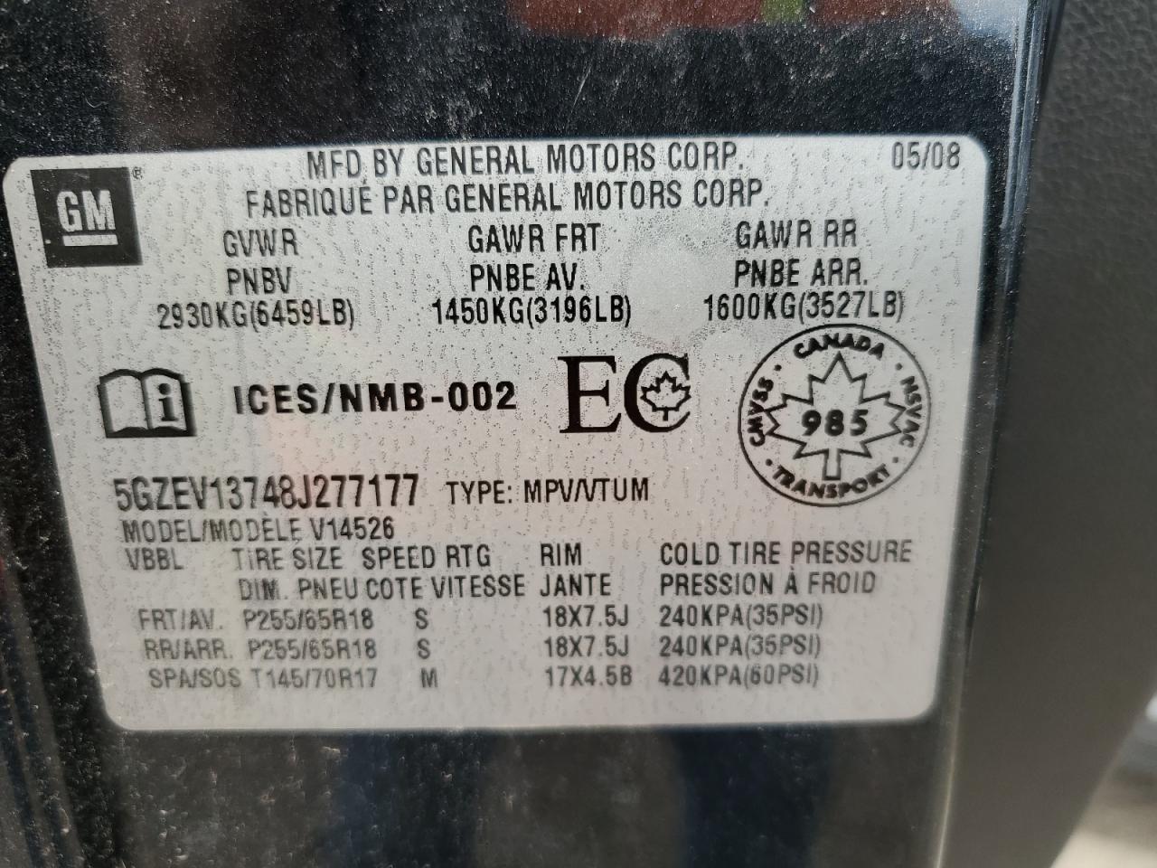 2008 Saturn Outlook Xe VIN: 5GZEV13748J277177 Lot: 50173165