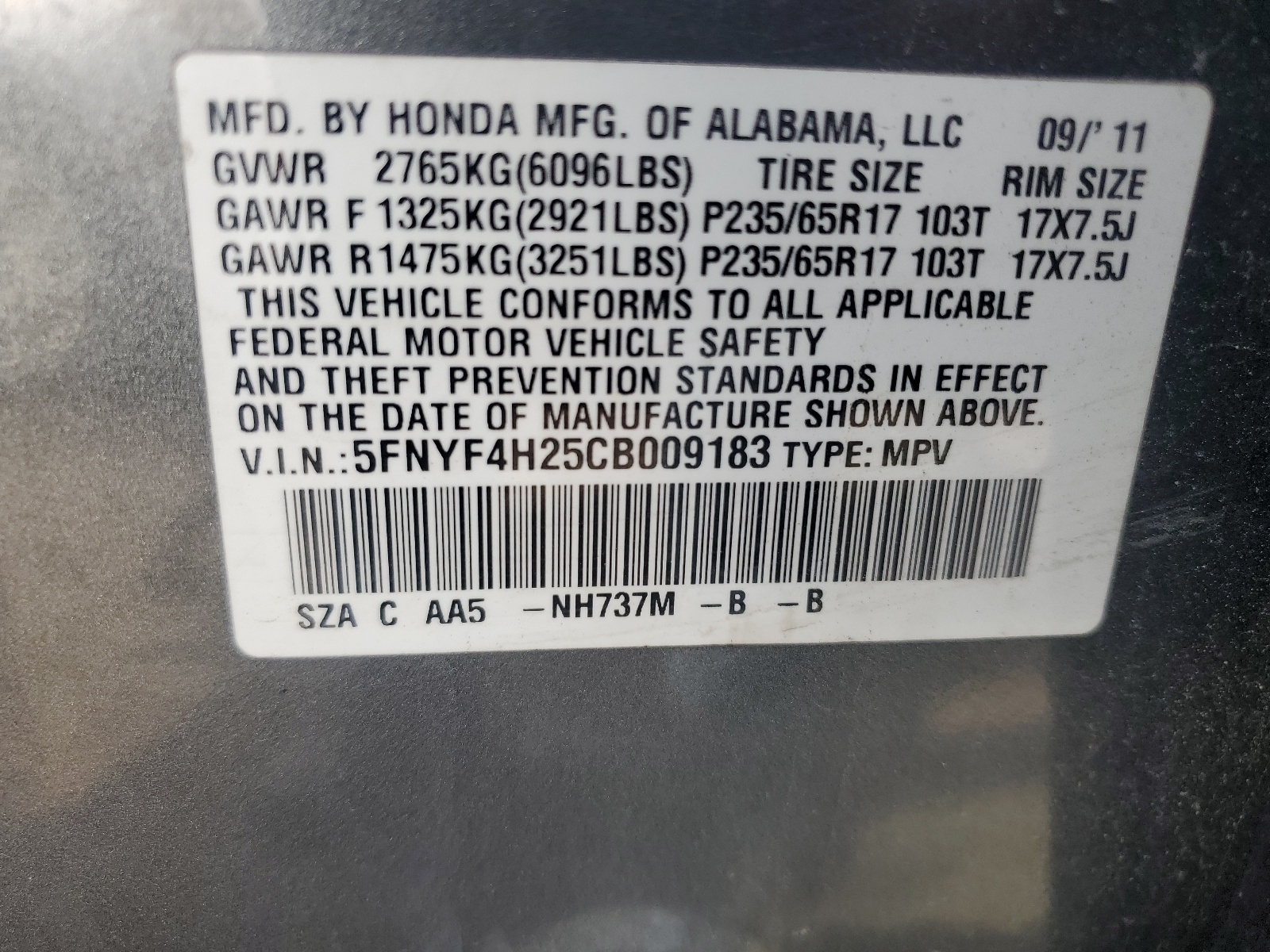 5FNYF4H25CB009183 2012 Honda Pilot Lx