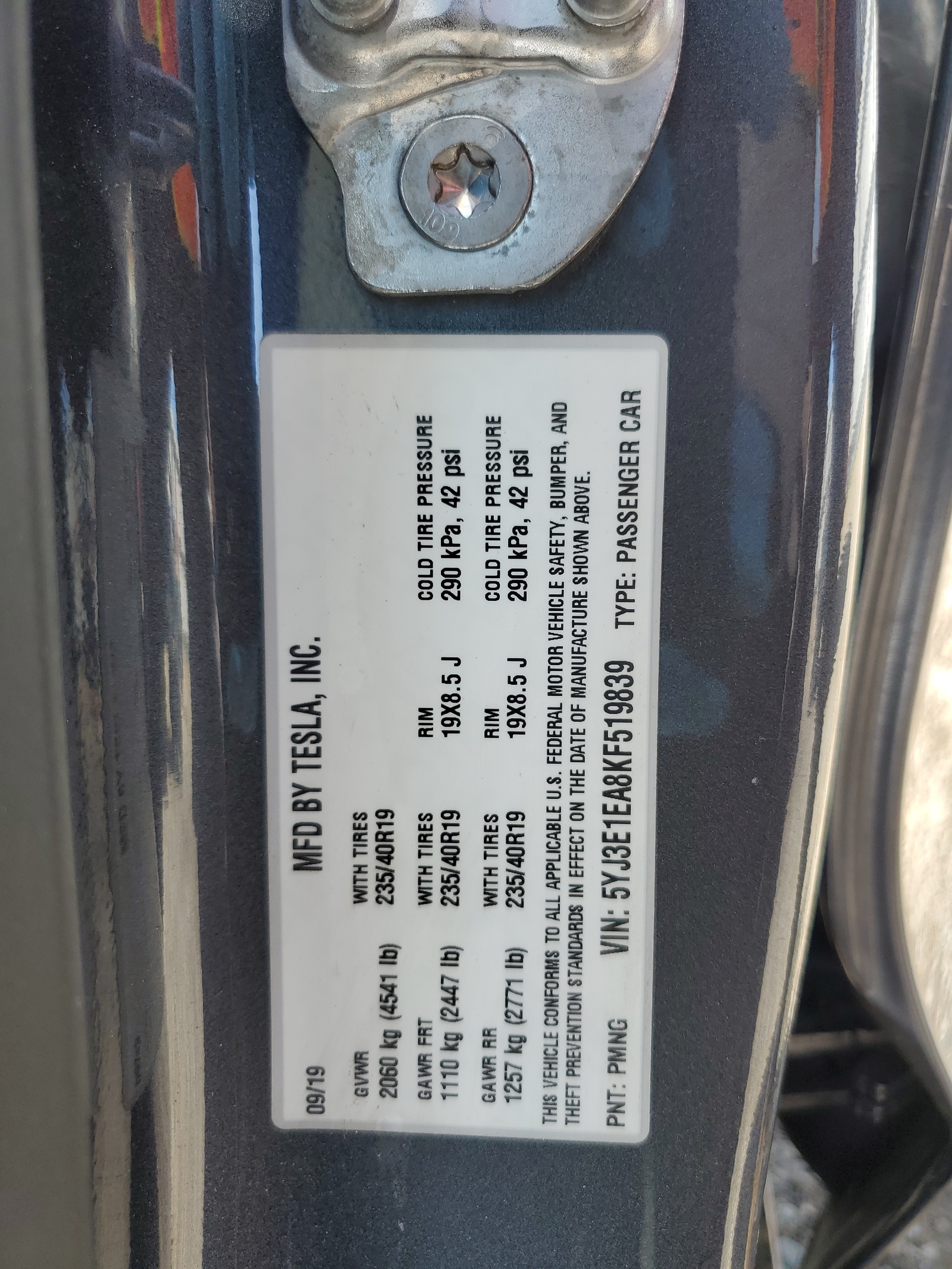 5YJ3E1EA8KF519839 2019 Tesla Model 3