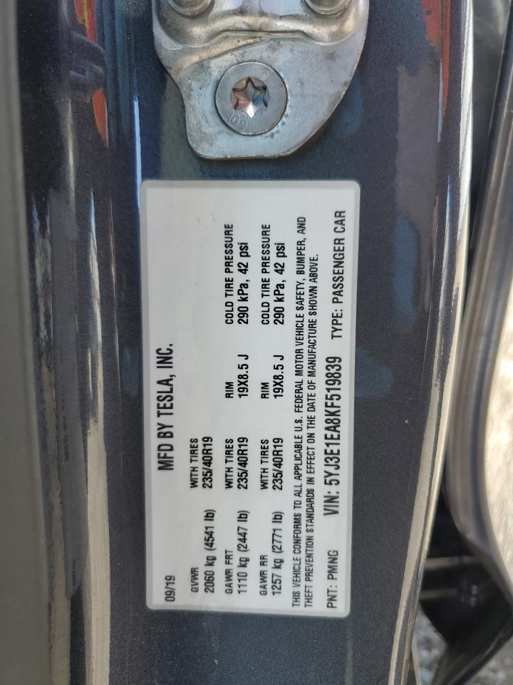 2019 Tesla Model 3 VIN: 5YJ3E1EA8KF519839 Lot: 67316264