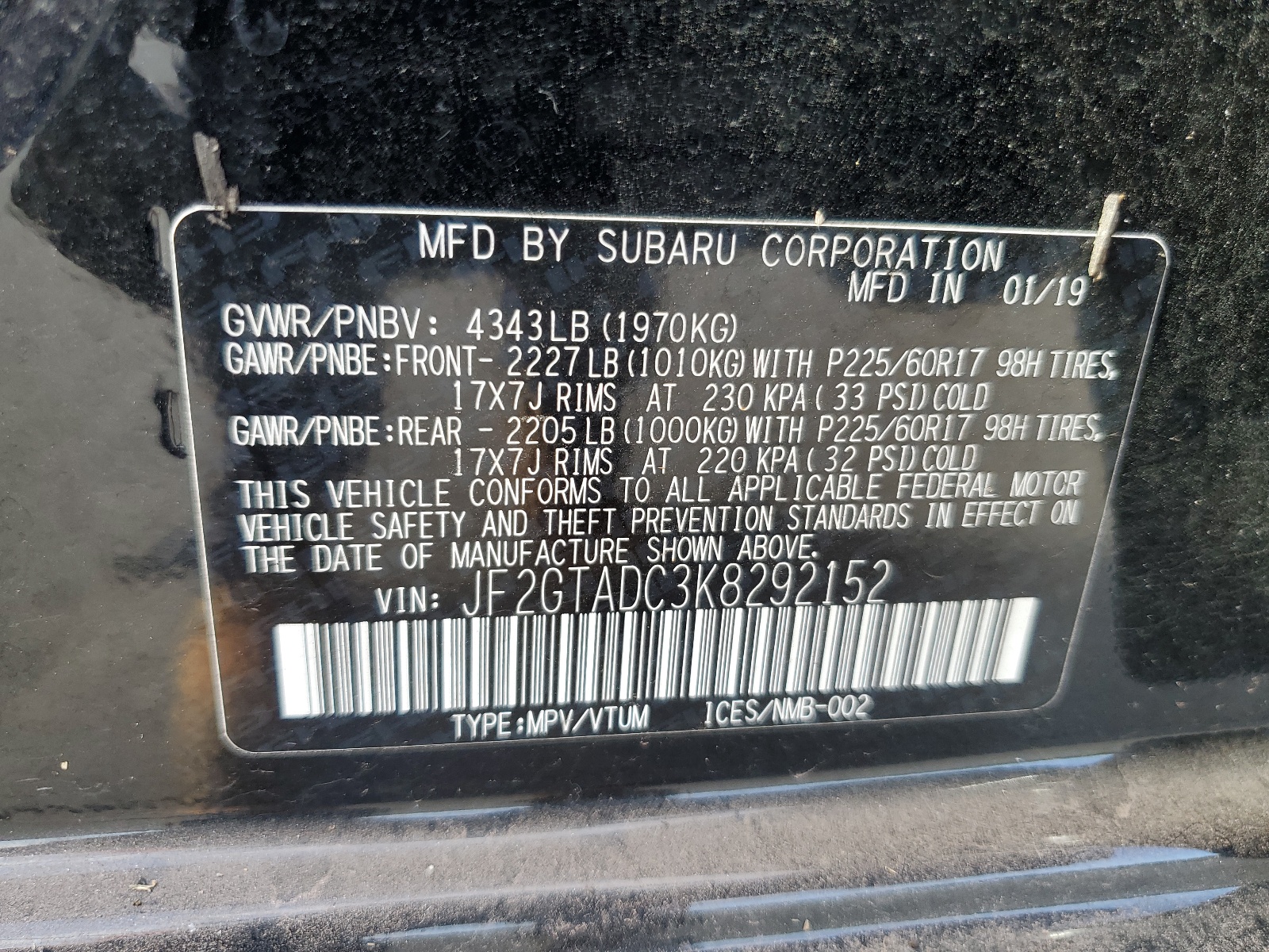 JF2GTADC3K8292152 2019 Subaru Crosstrek Premium