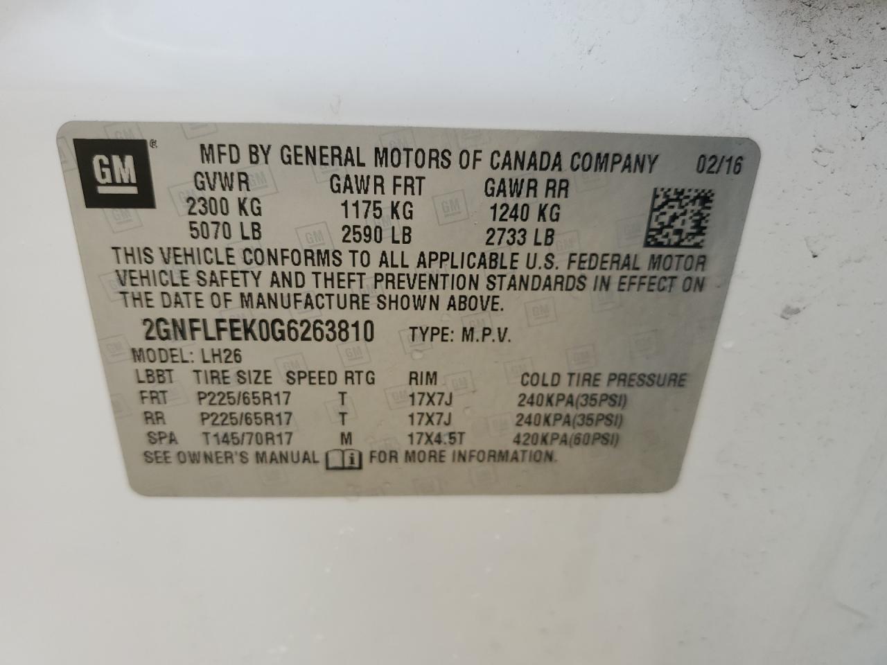 2GNFLFEK0G6263810 2016 Chevrolet Equinox Lt