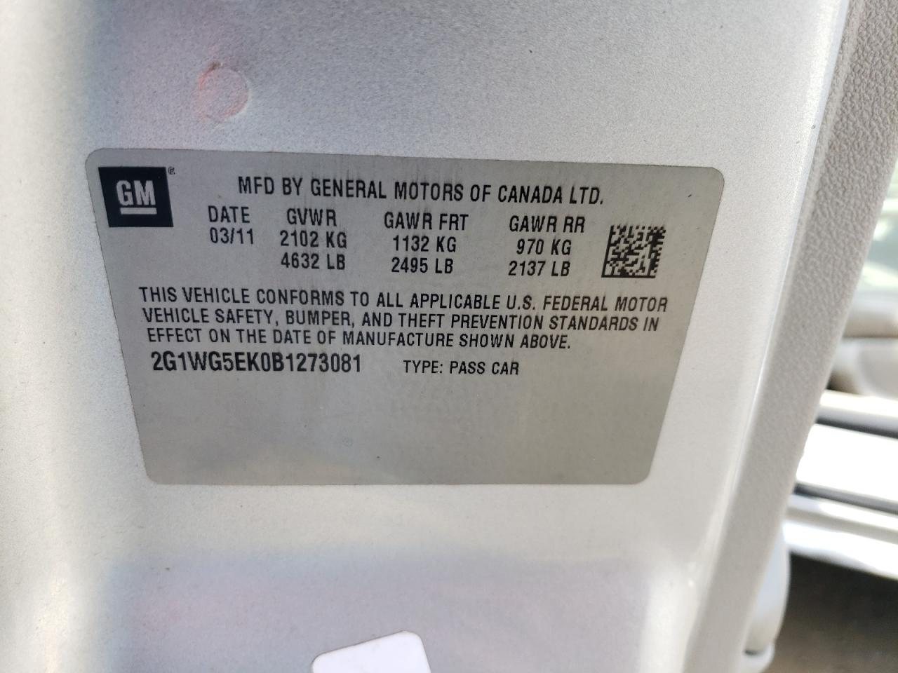 2011 Chevrolet Impala Lt VIN: 2G1WG5EK0B1273081 Lot: 63481884