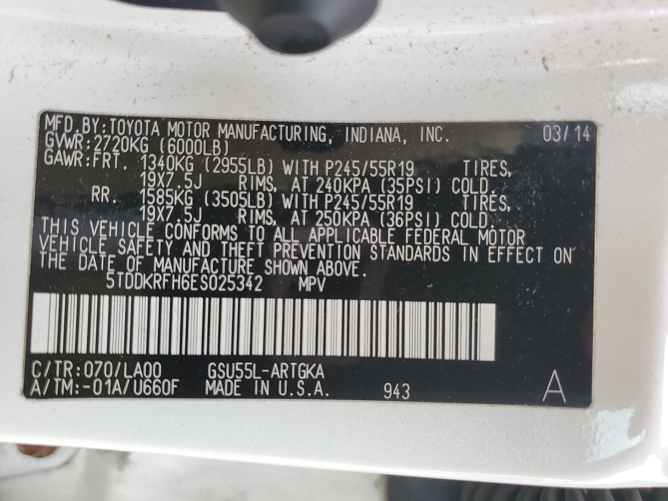 5TDDKRFH6ES025342 2014 Toyota Highlander Limited