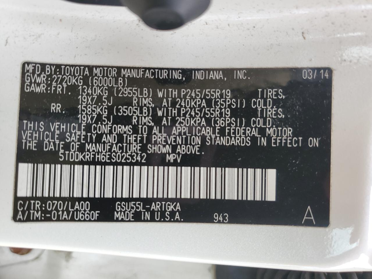 2014 Toyota Highlander Limited VIN: 5TDDKRFH6ES025342 Lot: 65601814