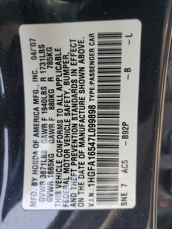 2007 Honda Civic Lx VIN: 1HGFA16547L099898 Lot: 65764574