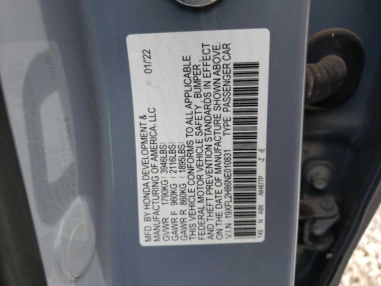 19XFL2H86NE010831 2022 Honda Civic Sport 19XFL2H86NE010831 2022 Honda Civic Sport