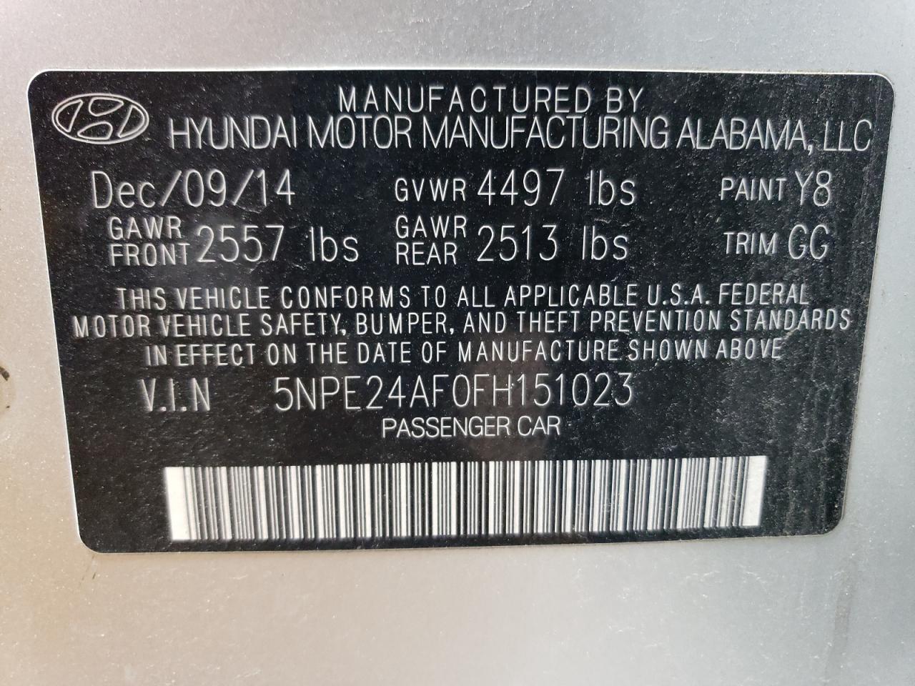 2015 Hyundai Sonata Se VIN: 5NPE24AF0FH151023 Lot: 66775704