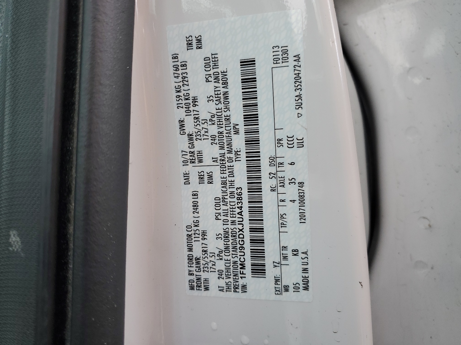 1FMCU9GDXJUA43863 2018 Ford Escape Se