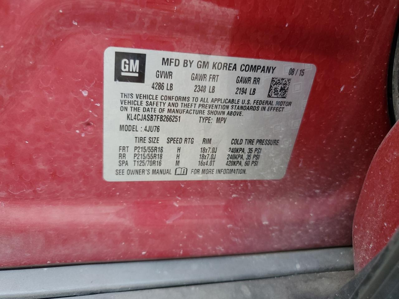 2015 Buick Encore VIN: KL4CJASB7FB266251 Lot: 66597374