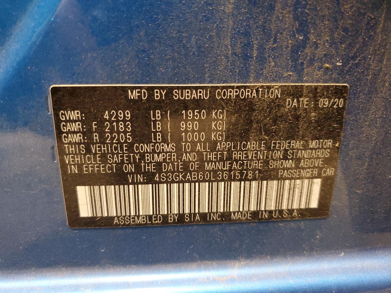 2020 Subaru Impreza VIN: 4S3GKAB60L3615781 Lot: 67051094