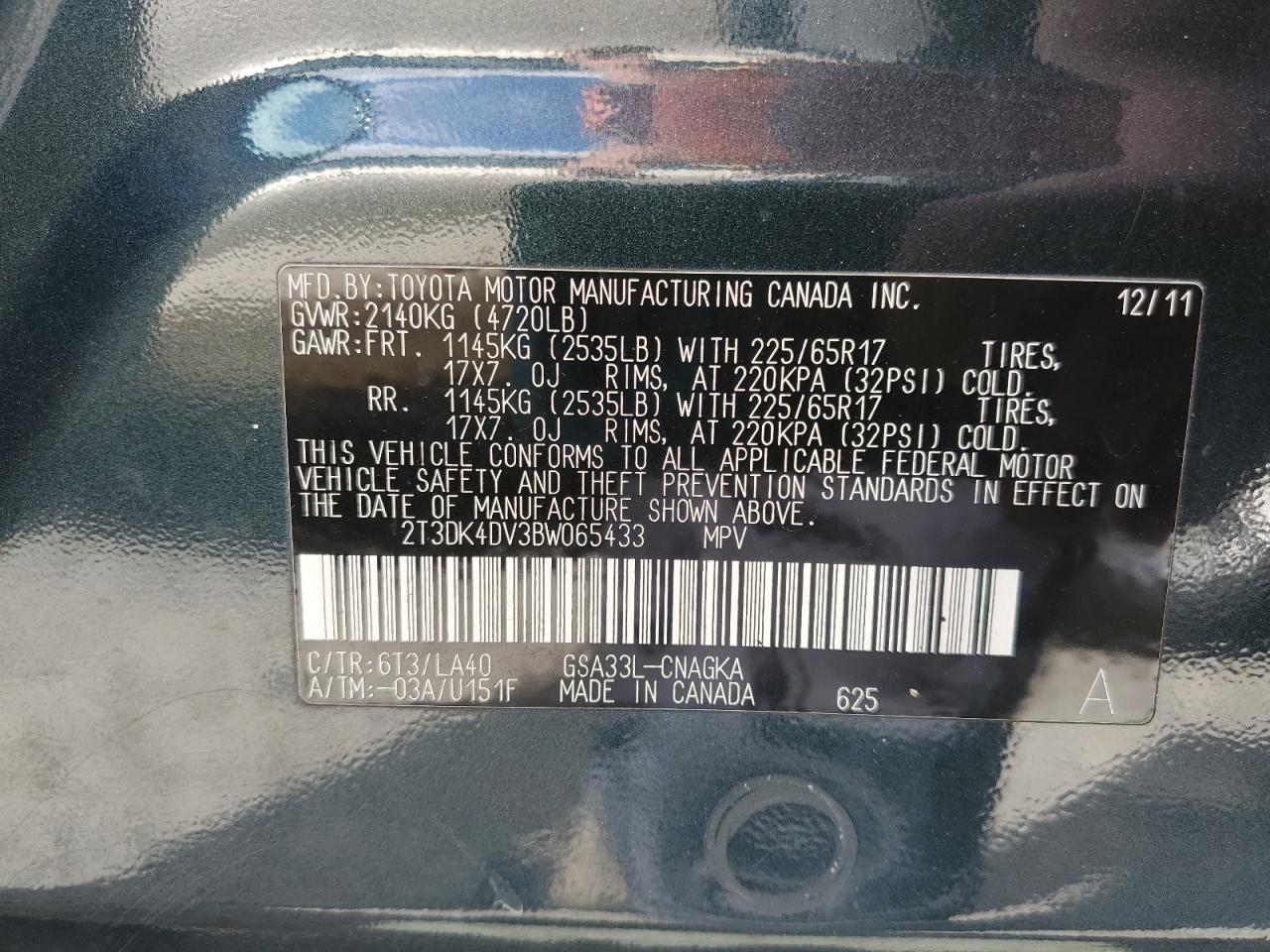 2011 Toyota Rav4 Limited VIN: 2T3DK4DV3BW065433 Lot: 68252784