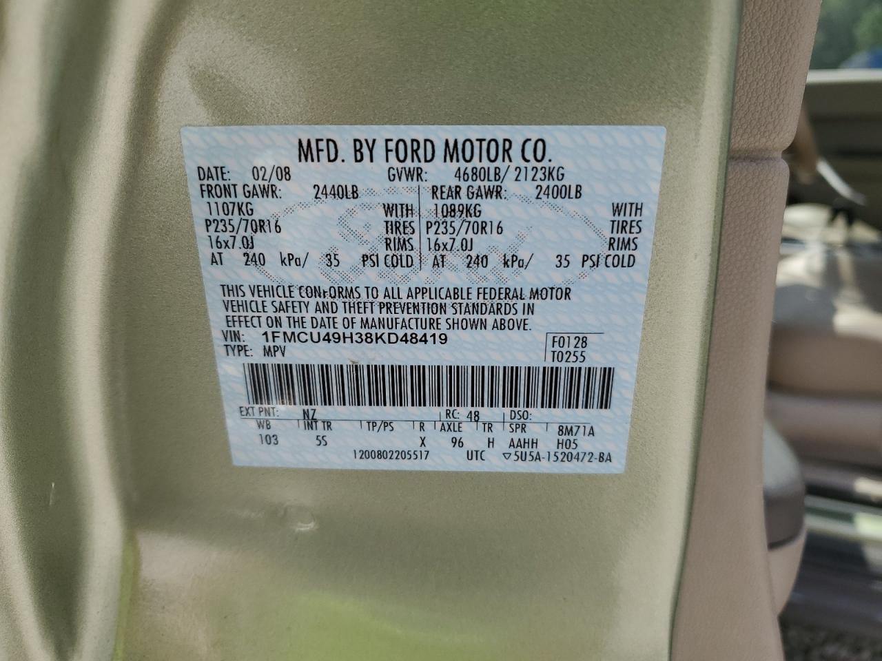 2008 Ford Escape Hev VIN: 1FMCU49H38KD48419 Lot: 66950904