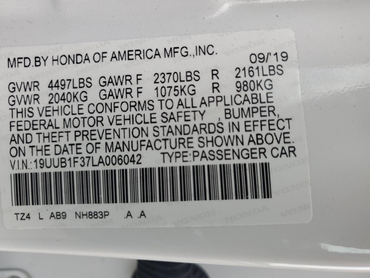 2020 Acura Tlx VIN: 19UUB1F37LA006042 Lot: 68658864