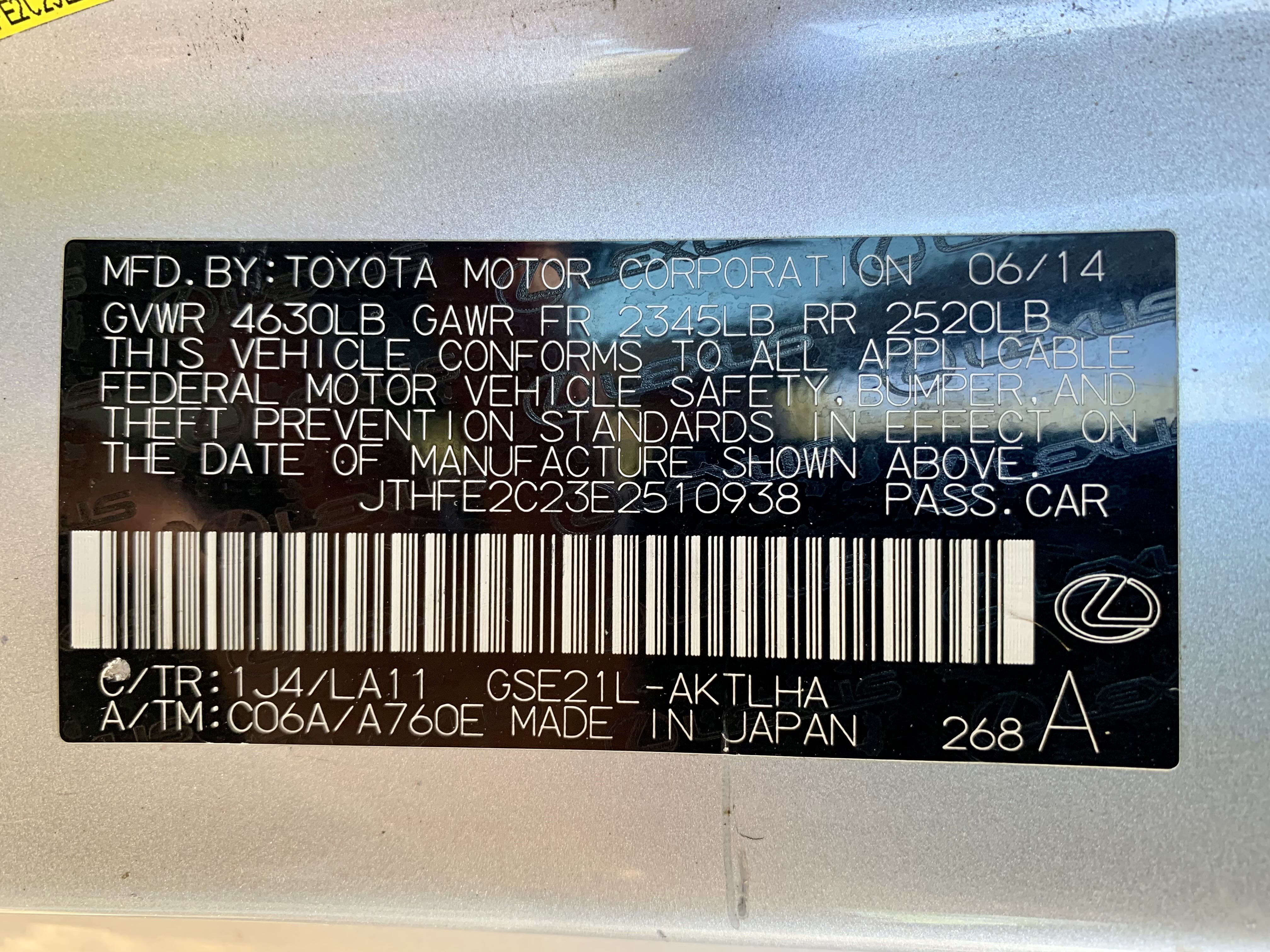 JTHFE2C23E2510938 2014 Lexus Is 350