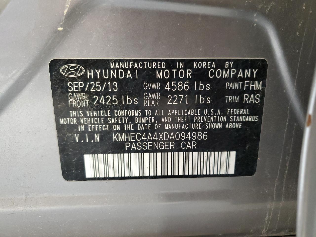 2013 Hyundai Sonata Hybrid VIN: KMHEC4A4XDA094986 Lot: 68343474