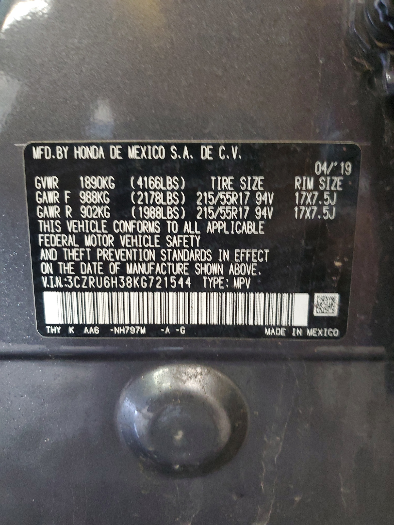 3CZRU6H38KG721544 2019 Honda Hr-V Lx