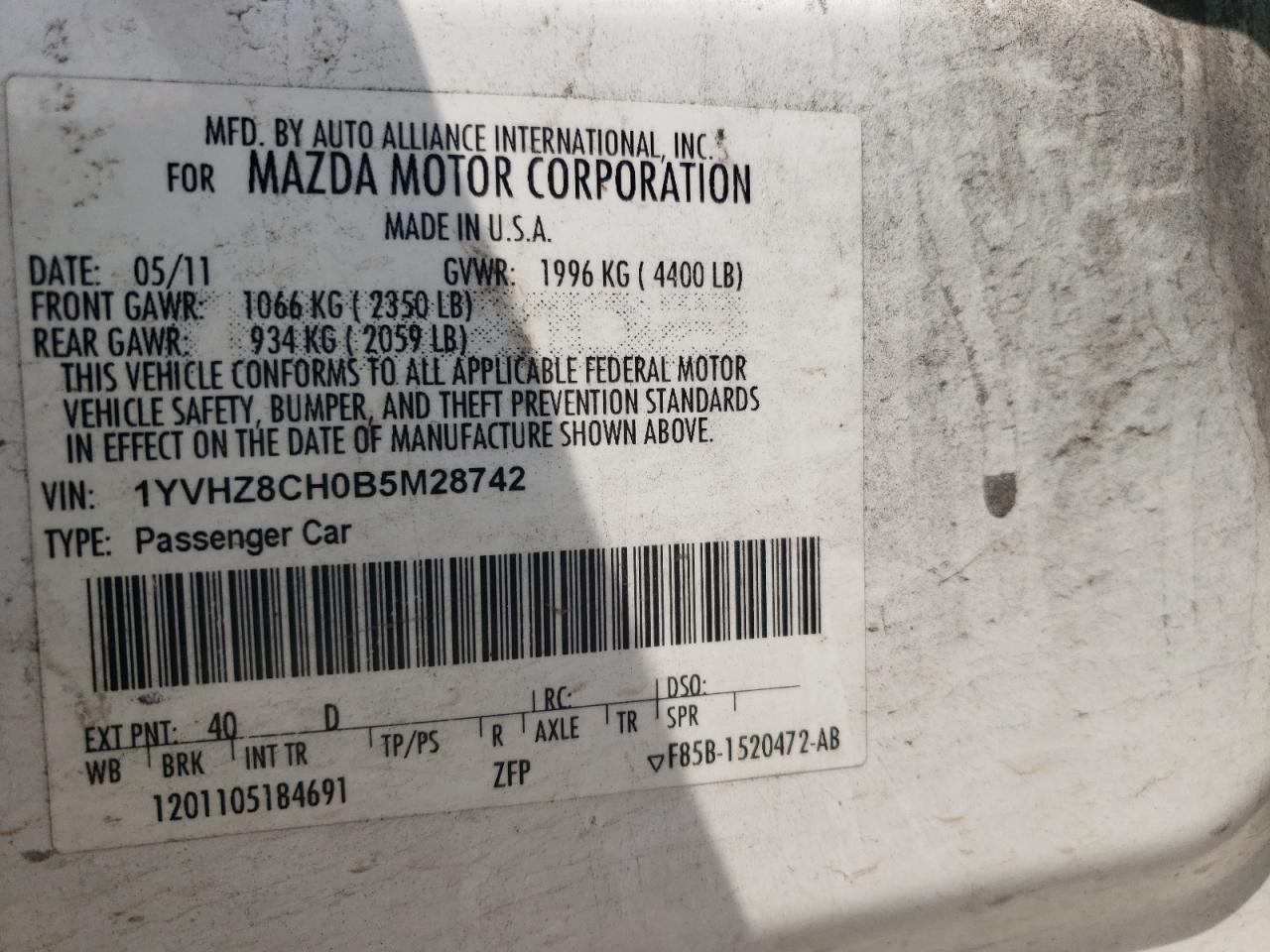 2011 Mazda 6 I VIN: 1YVHZ8CH0B5M28742 Lot: 66031374