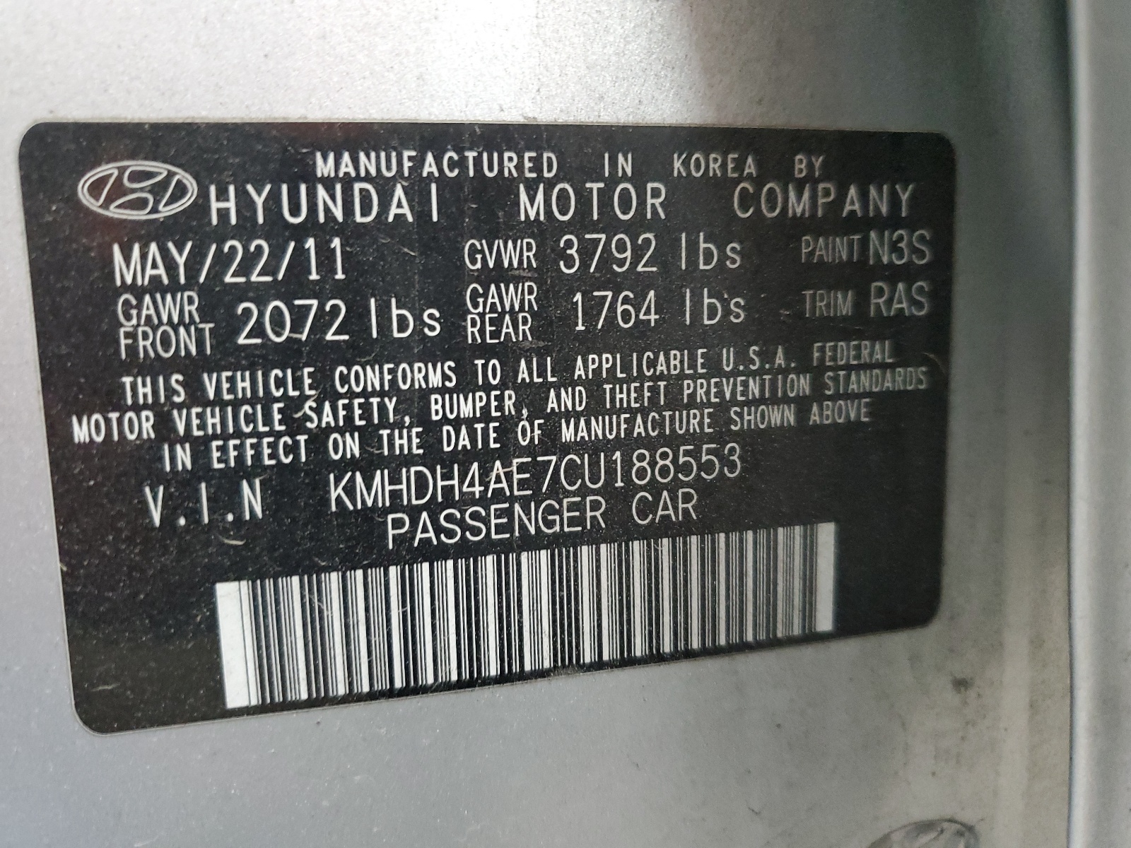 KMHDH4AE7CU188553 2012 Hyundai Elantra Gls