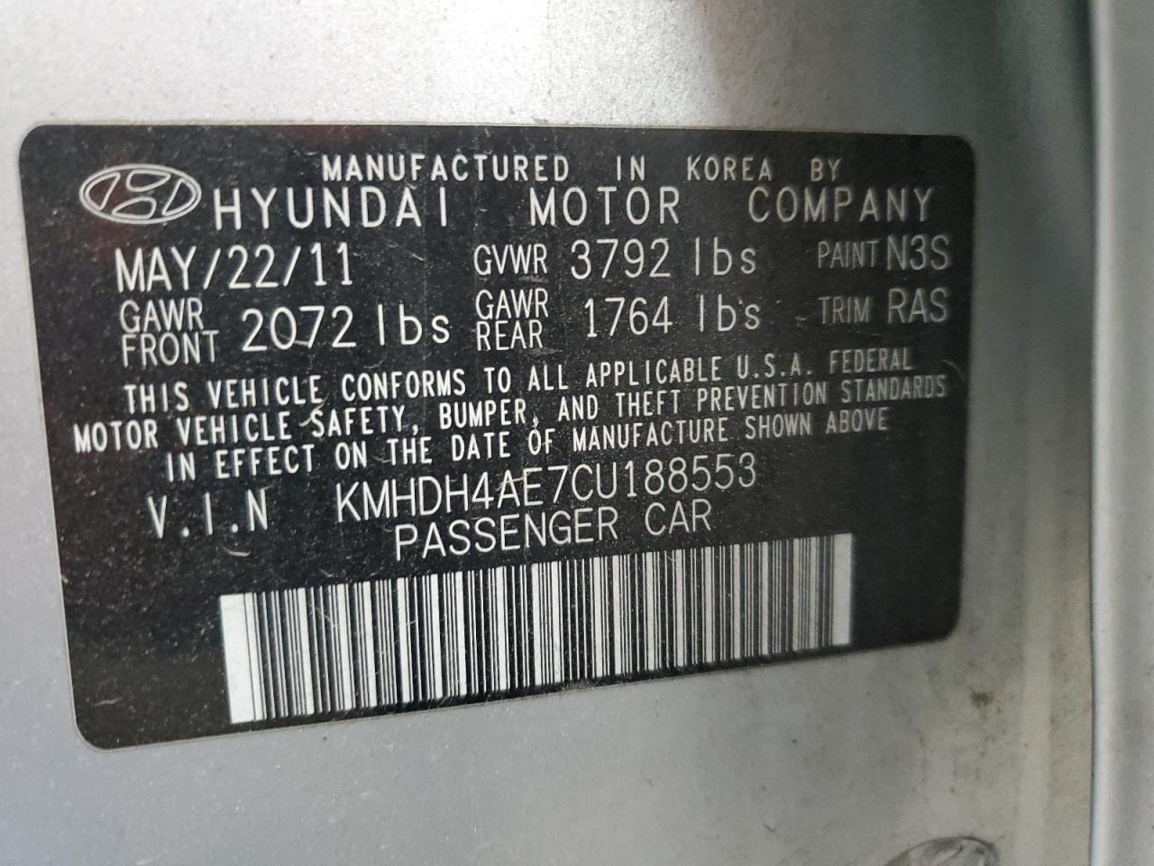 2012 Hyundai Elantra Gls VIN: KMHDH4AE7CU188553 Lot: 67288094