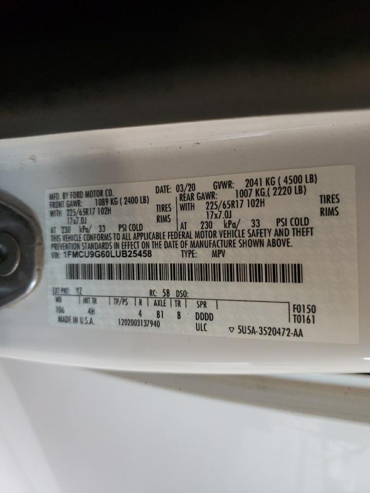 2020 Ford Escape Se VIN: 1FMCU9G60LUB25458 Lot: 68430504