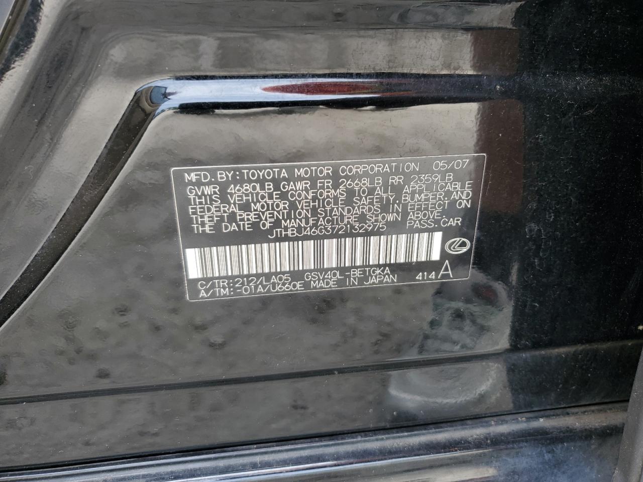 2007 Lexus Es 350 VIN: JTHBJ46G372132975 Lot: 67676784