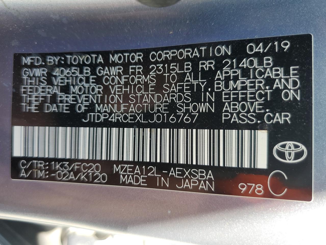 JTDP4RCEXLJ016767 2020 Toyota Corolla Se