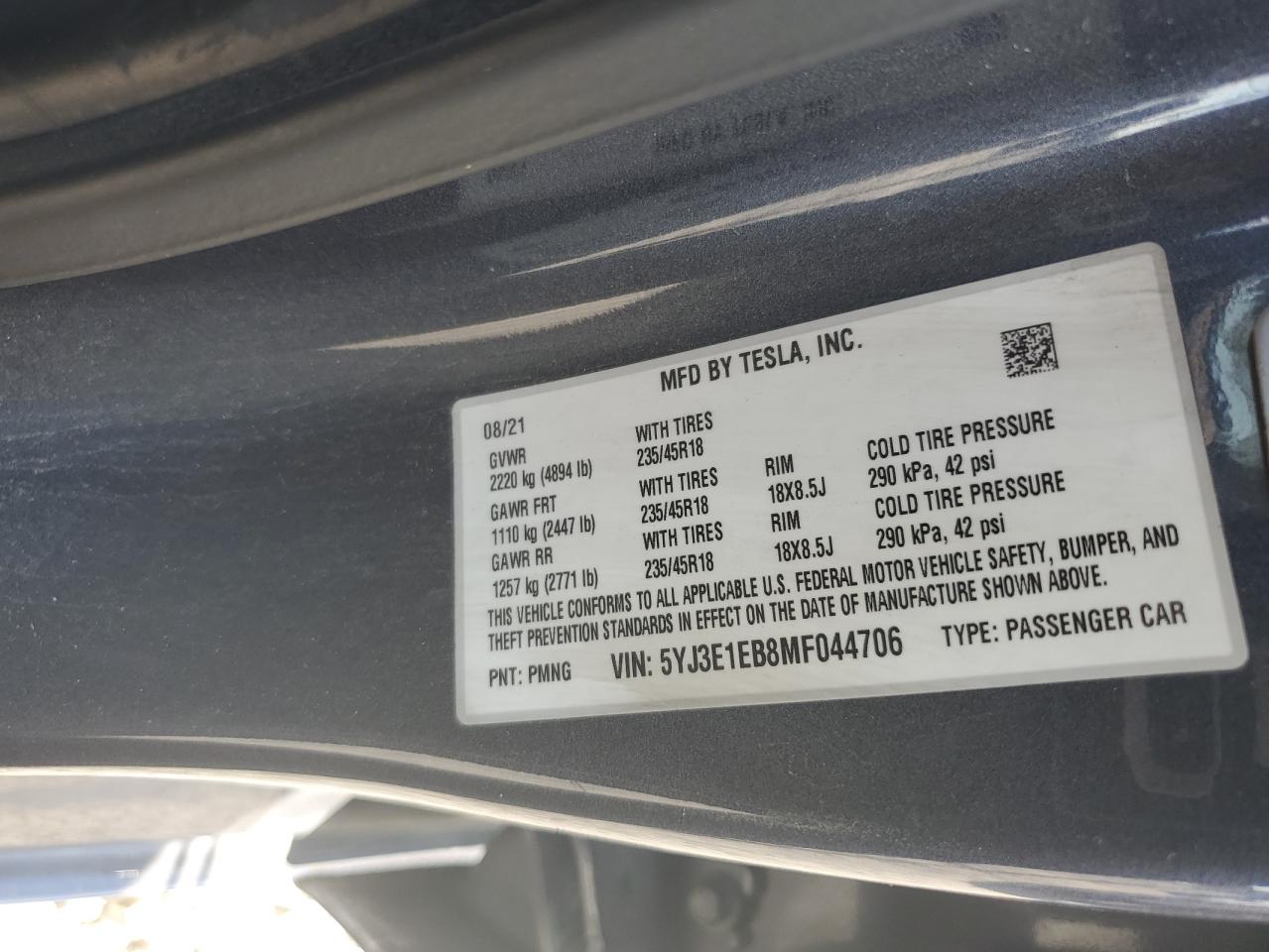 5YJ3E1EB8MF044706 2021 Tesla Model 3