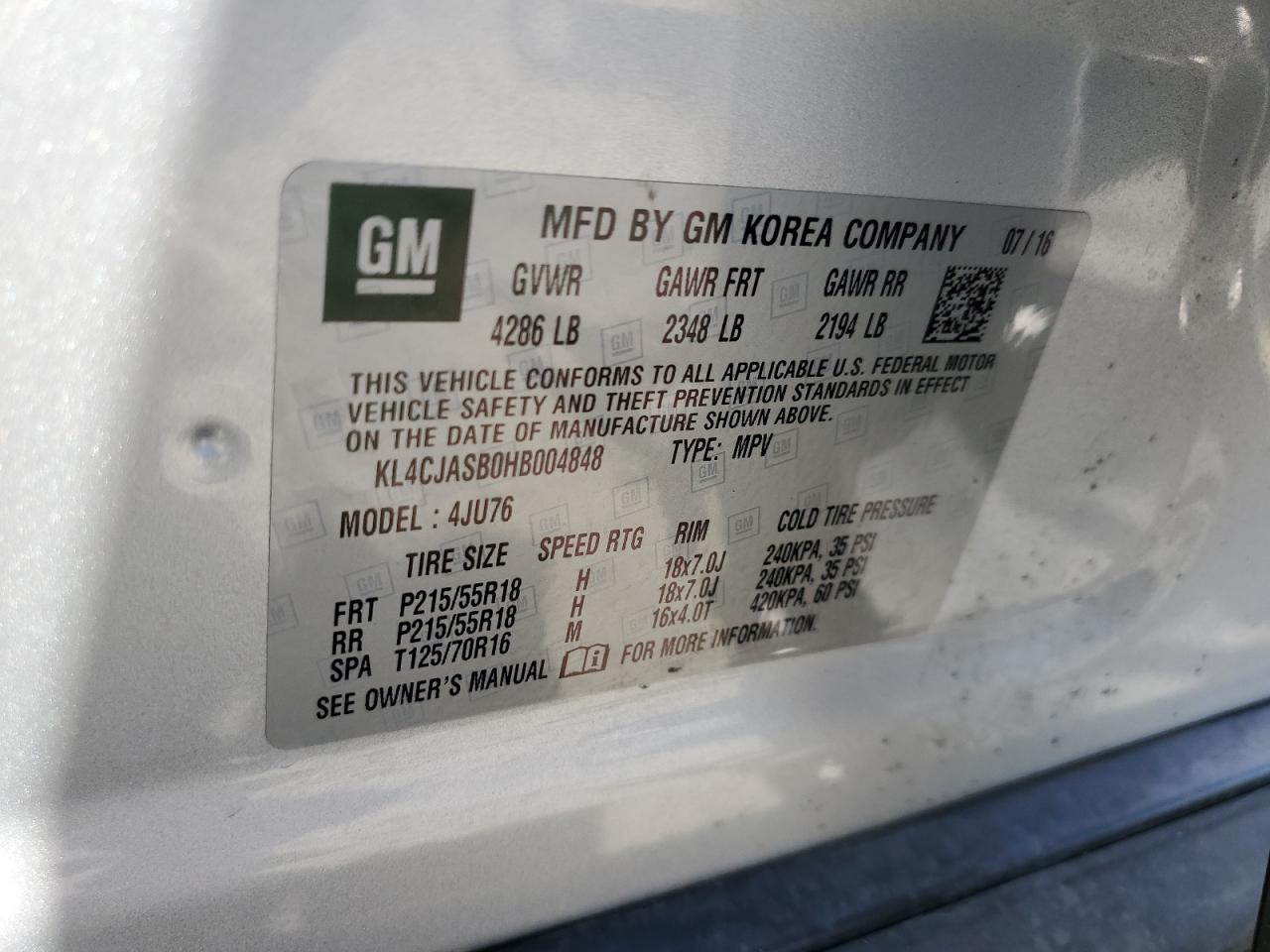 2017 Buick Encore Preferred VIN: KL4CJASB0HB004848 Lot: 65473354