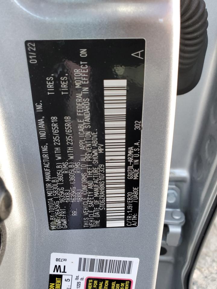 2022 Toyota Highlander Xle VIN: 5TDGZRAH8NS107329 Lot: 68504814