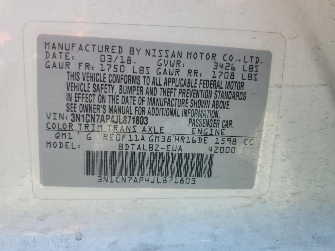 3N1CN7AP4JL871803 2018 Nissan Versa S