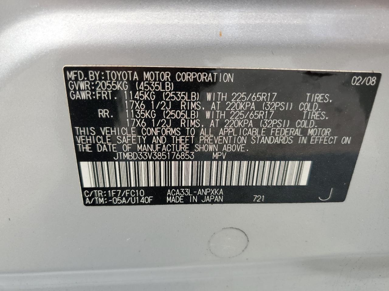 2008 Toyota Rav4 VIN: JTMBD33V385176853 Lot: 65569804