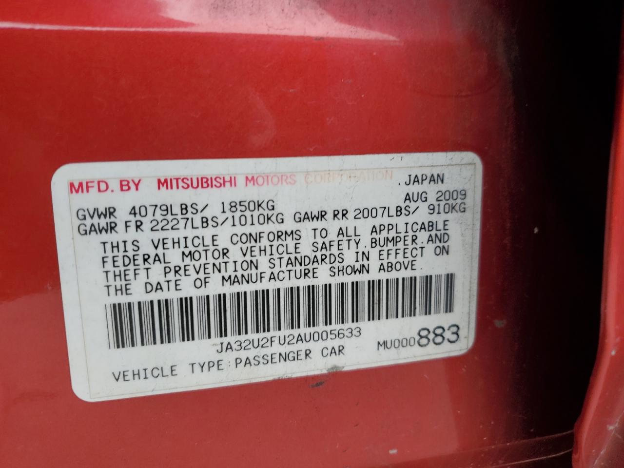 2010 Mitsubishi Lancer Es/Es Sport VIN: JA32U2FU2AU005633 Lot: 69453144