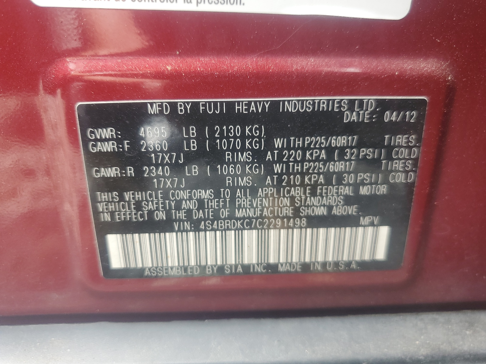 4S4BRDKC7C2291498 2012 Subaru Outback 3.6R Limited