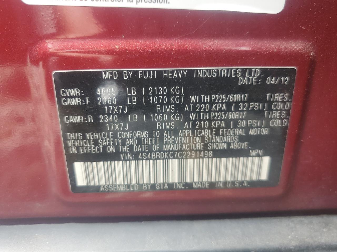 2012 Subaru Outback 3.6R Limited VIN: 4S4BRDKC7C2291498 Lot: 66253854