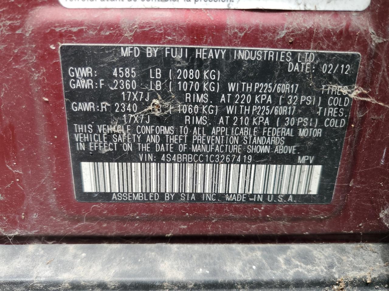 2012 Subaru Outback 2.5I Premium VIN: 4S4BRBCC1C3267419 Lot: 64442174